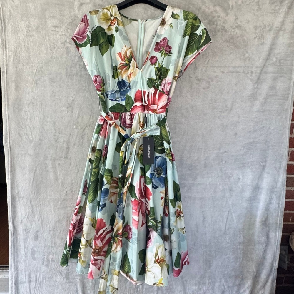 NWT Dolce & Gabbana Floral Cotton Poplin Midi Dress Blue IT 46 US 10 MSRP $1979